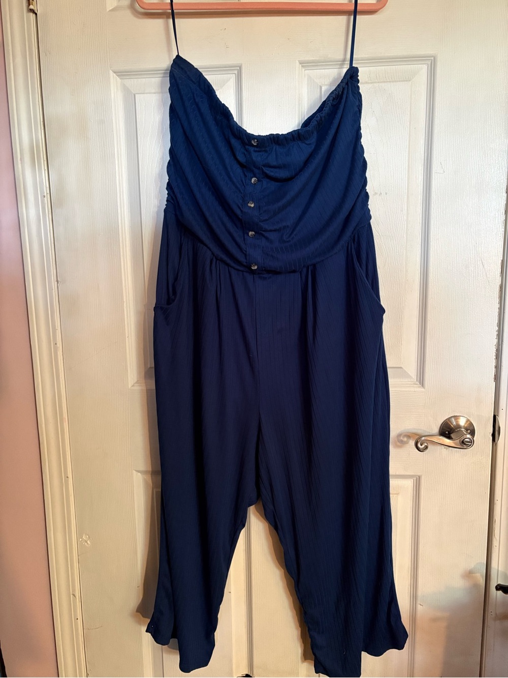 Strapless Navy Button-Front Jumpsuit with Pockets